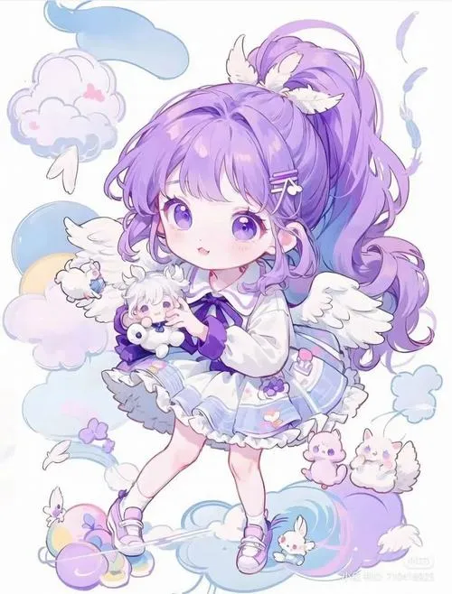 Hình minh họa chibi gam tím sáng, nhân vật nhỏ nhắn mang vibe trong trẻo và đáng yêu