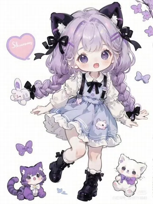 Ảnh vẽ chibi màu tím kết hợp phụ kiện xinh xắn, tạo cảm giác mộng mơ và mềm mại