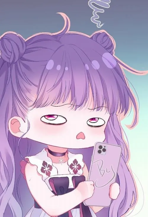 Ảnh chibi màu tím nhạt với ánh mắt buồn nhẹ, gợi cảm giác yên tĩnh và sâu lắng