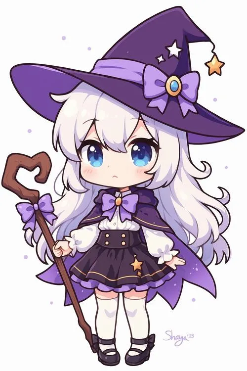 Ảnh chibi nữ màu tím và những điểm lấp lánh nhỏ tạo cảm giác bồng bềnh rất cuốn