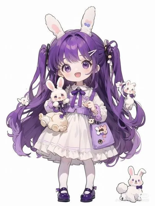 Hình chibi tím pastel với váy xếp ly và đôi giày tinh nghịch