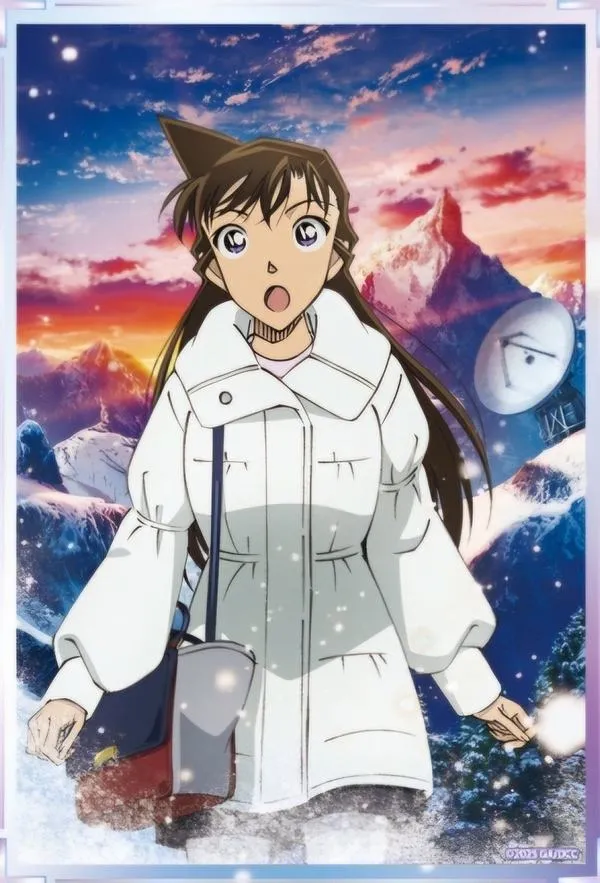 Ran trong áo khoác trắng, nhìn nghiêm, tuyết Nagano phủ kín hậu cảnh