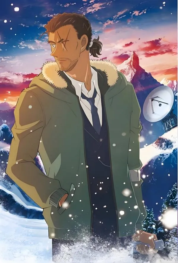 Kogoro đứng một mình giữa tuyết, áo khoác tối tương phản nền trắng, cảm giác gánh vụ án