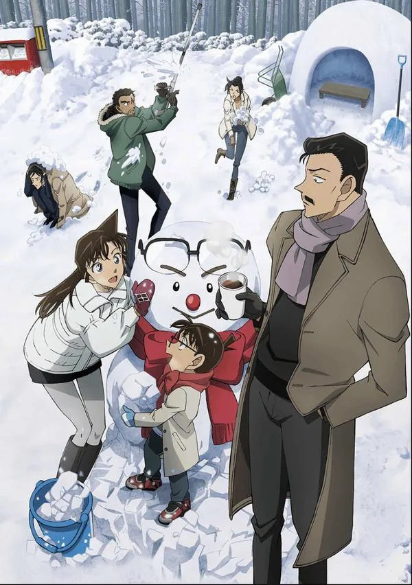 Kogoro và Conan đứng trên đường tuyết, cảnh dân địa phương và chó kéo xe tạo nền đời thường