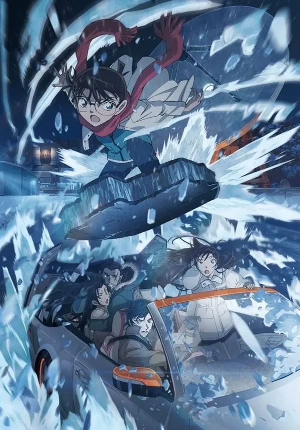 Conan lướt tuyết giữa khe núi, gió quất mạnh, nền trắng làm nổi chi tiết bóng tối