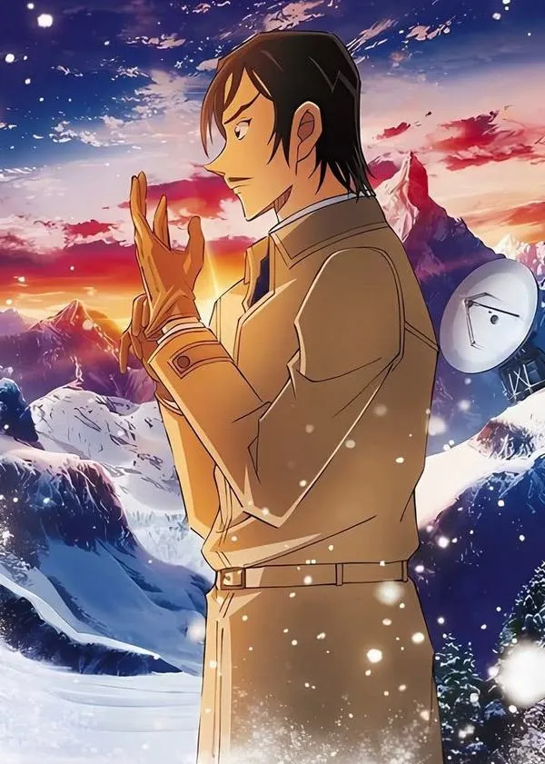 Kogoro quay lưng nhìn hoàng hôn tím, tuyết bay lấm tấm, tâm trạng trầm và tỉnh táo