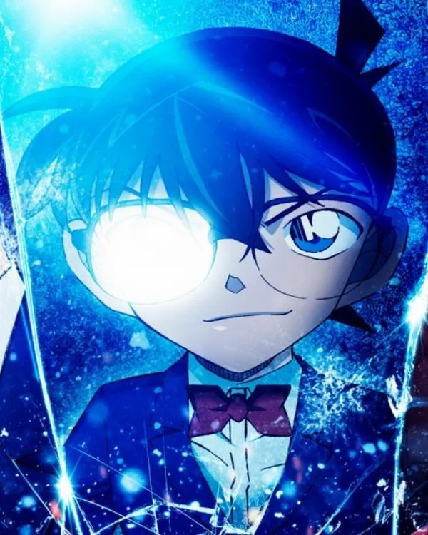 Conan cận mặt ánh xanh, hạt tuyết bám nhẹ, ánh nhìn như đang nhớ lại điều quan trọng