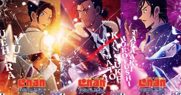 Cảnh hành động rực lửa với Conan và nhóm nhân vật, tuyết trắng phía sau làm nổi căng thẳng