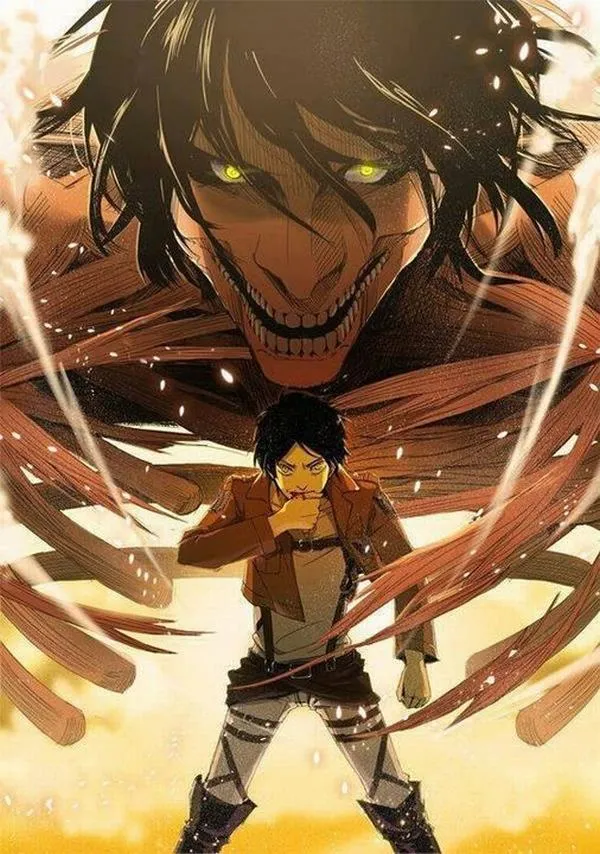 Hình nền Attack on Titan Eren nhỏ trước Titan khổng lồ, gam vàng nâu tạo cảm giác bị vây hãm