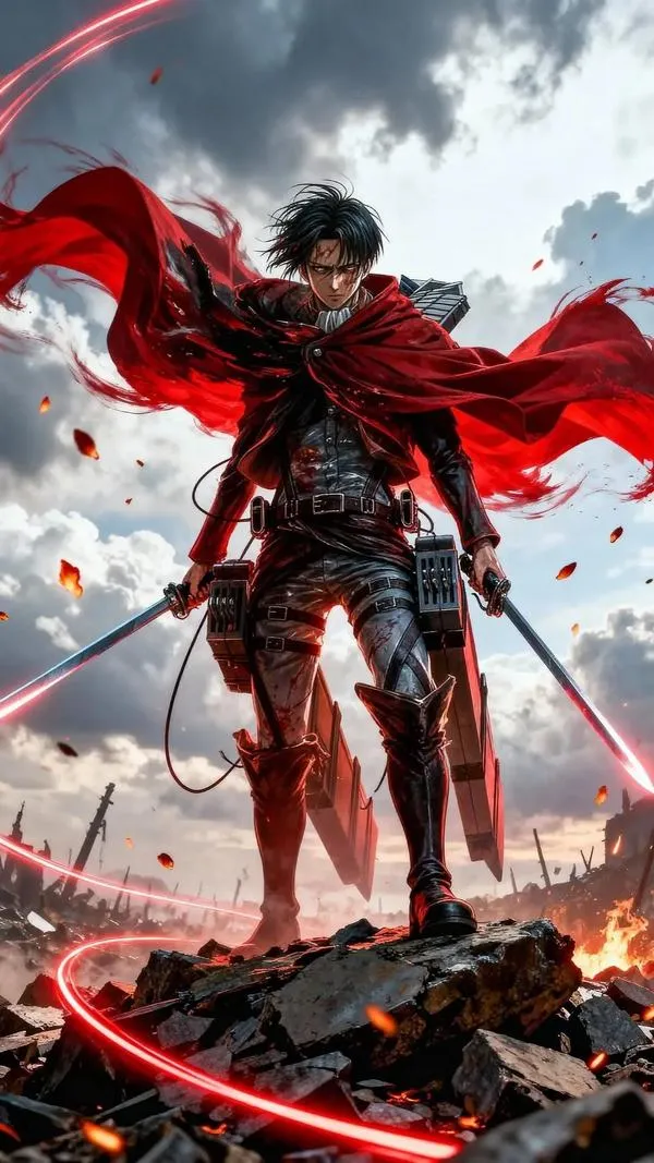 Ảnh bìa Đại chiến Titan chiến binh áo choàng đỏ, nền xám gió mạnh, cảm giác đứng trước lựa chọn khó