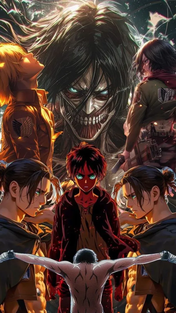 Ảnh fanart Attack on Titan bố cục đối xứng, Titan và người chạm ngưỡng hận thù, nhìn là thấy có chuyện