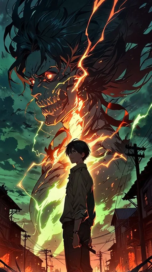 Hình nền Attack on Titan người nhỏ trước Titan xanh lục, ánh sáng ma mị tạo cảm giác bị đè nén