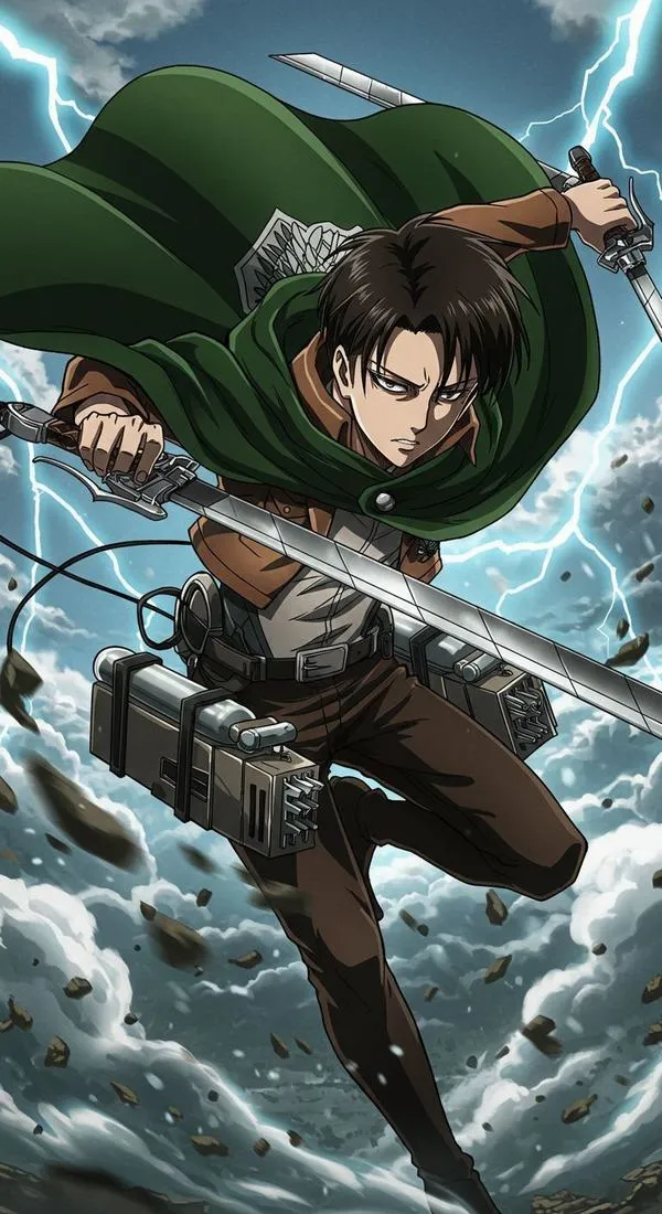Avatar Shingeki no Kyojin Levi giữa tuyết trắng, áo choàng bay, tông lạnh hợp phong cách tối giản sang