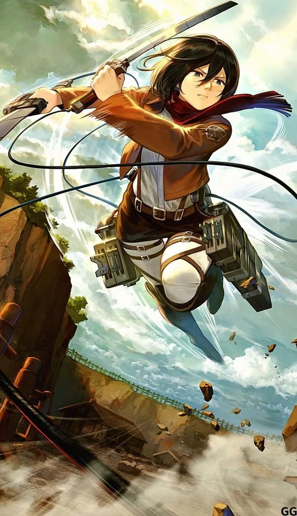 Hình nền Attack on Titan Mikasa bay cùng dây cáp, nền trời sáng, cảm giác tự do nhưng vẫn căng