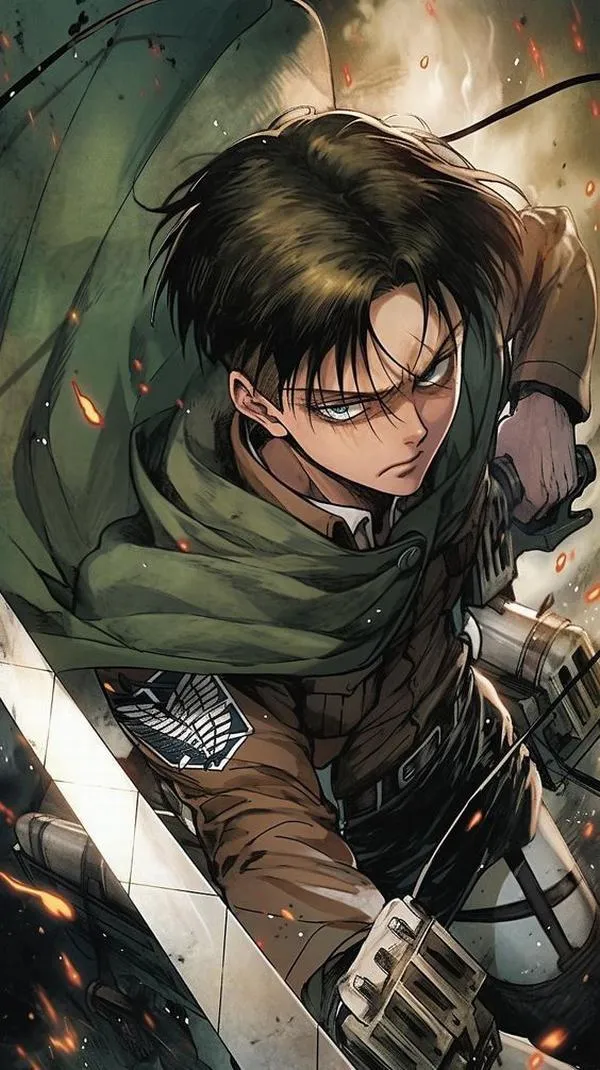 Hình 4K Attack on Titan Levi cúi thấp, áo choàng xanh, ánh nhìn sắc như cắt gió qua Titan
