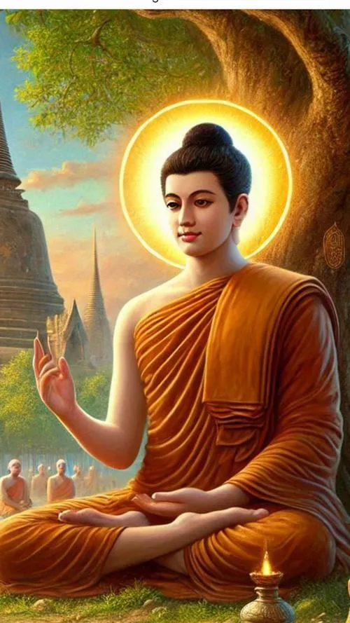 Thấy tranh Phật Thích Ca treo phía sau bàn thờ trong nền chùa trầm ấm