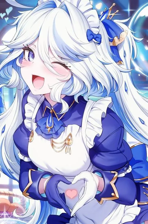 Hình Furina đầu to dễ thương, mắt long lanh, má hồng nhẹ, nền tối giản gọn mắt.