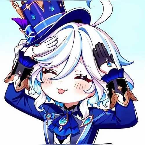 Ảnh Furina phong cách chibi bố cục trung tâm, nền trơn, màu pastel, nhìn suông dễ chịu.