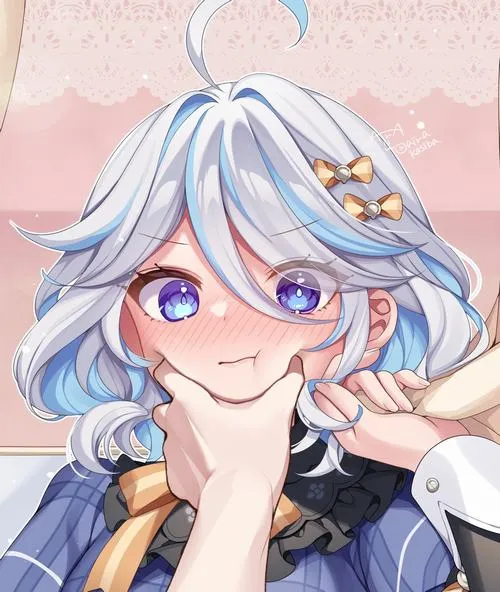 Tranh Furina tí hon đứng giữa nền tối giản, bóng mềm dưới chân, cảm giác nhẹ đầu.