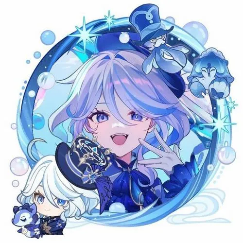 Hình Furina đầu to dễ thương kiểu anime, lọn tóc rõ, nơ áo nổi, hợp làm avatar.