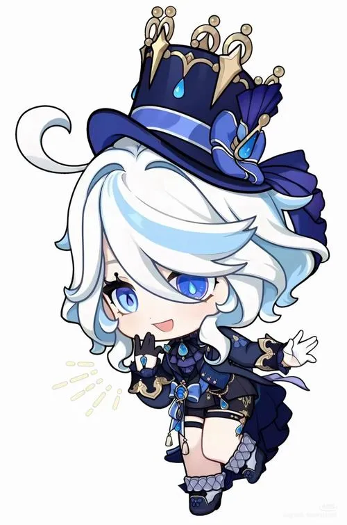 Ảnh Furina phong cách chibi tóc bồng bềnh, viền tóc bay, bóng đổ nhẹ, nhìn rất mềm.