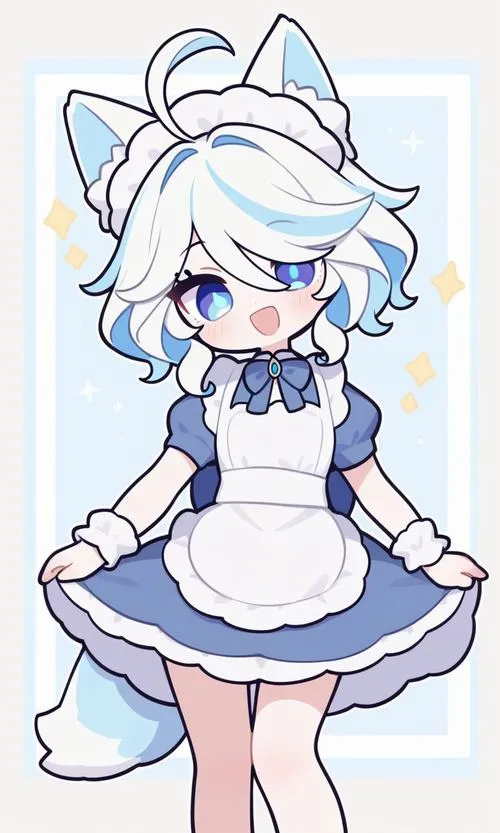 Minh hoạ Furina đáng yêu với ánh nhìn lanh, mi cong, nền tối giản, cảm giác vui rạng.