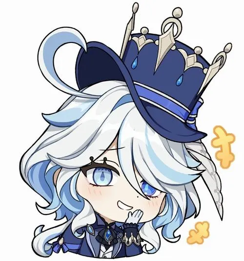 Ảnh Furina chibi nền trơn thoáng, điểm nhấn ở phụ kiện, cảm giác sang nhẹ tinh nghịch.