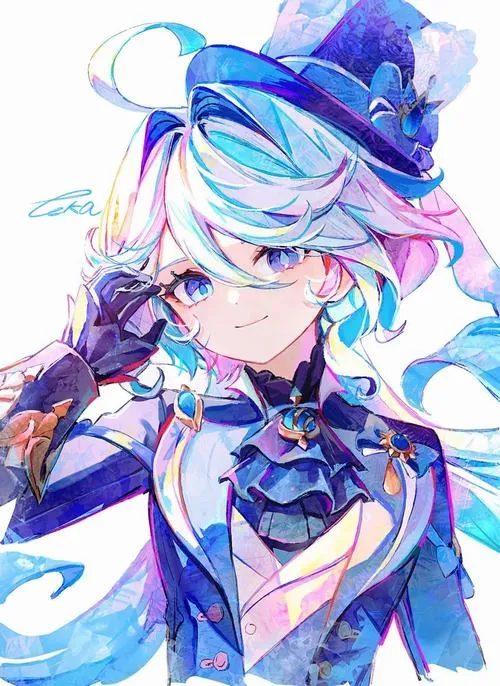 Art Furina chibi đẹp trong veo, mắt long lanh như giọt nước, tóc bay nhẹ rất hút.