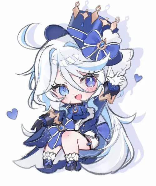 Ảnh Furina chibi đẹp cho hình nền, khoảng trống rộng, màu dịu, nhìn không bị rối.