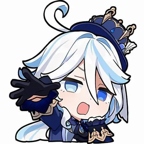 Ảnh chibi Furina nền trơn, điểm nhấn ở mắt lấp lánh, hợp làm sticker chat vui rạng.