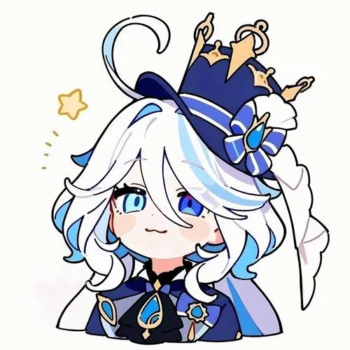 Art Furina chibi trong veo, tông pastel, viền sáng nhẹ, phù hợp sưu tầm fanart tối giản.