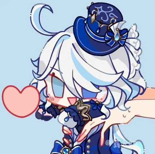 Ảnh Furina phong cách chibi màu pastel, nét viền sạch, tóc bồng bềnh, cảm giác trong veo.