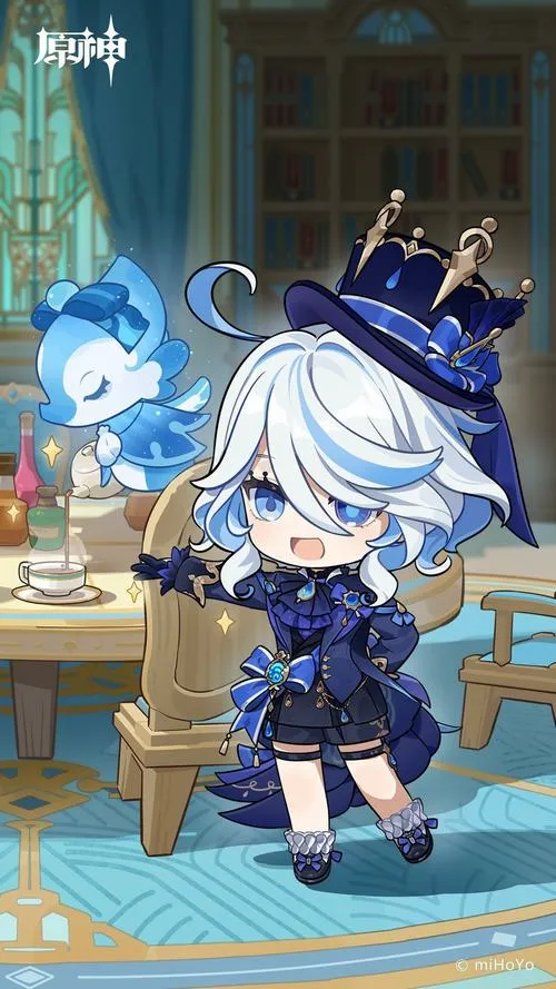 Art Furina chibi ngầu nhẹ, viền sáng tinh tế, trang phục cầu kỳ nhưng vẫn gọn gàng.