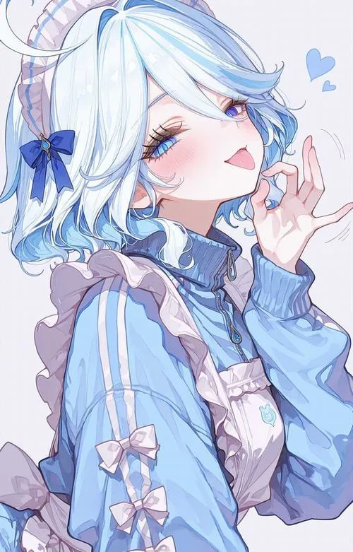 Tranh Furina tí hon anime, má ửng hồng, miệng cười nhẹ, hợp đặt hình nền điện thoại.