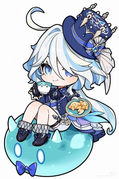 Art Furina chibi mũm mĩm, tay tạo dáng đáng yêu, nền trơn có khung đơn gọn mắt.