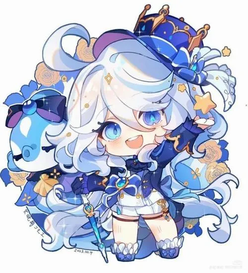 Ảnh Furina chibi đẹp kiểu tối giản, khoảng trống thoáng, phụ kiện nơ tạo điểm nhớ.