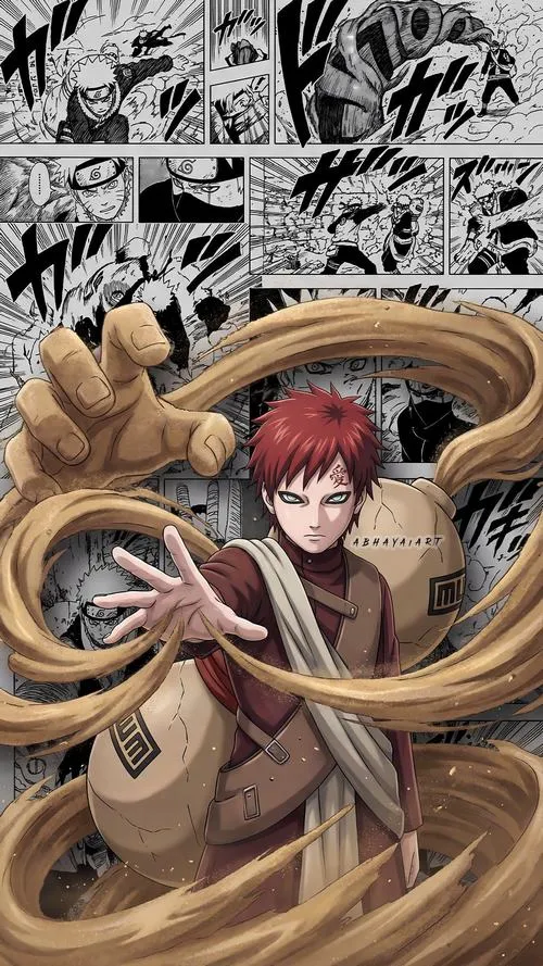Ảnh Gaara tóc đỏ và chữ Ái nổi bật giữa nền cát, ánh mắt lạnh mà sâu.