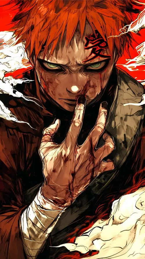 Hình Gaara cận mặt, viền mắt đen đậm, chữ Ái như dấu vết của một tuổi thơ.