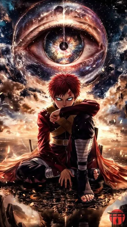 Ảnh Gaara đứng cạnh hồ lô, gió sa mạc thổi mạnh, tông màu đất trầm ấm.