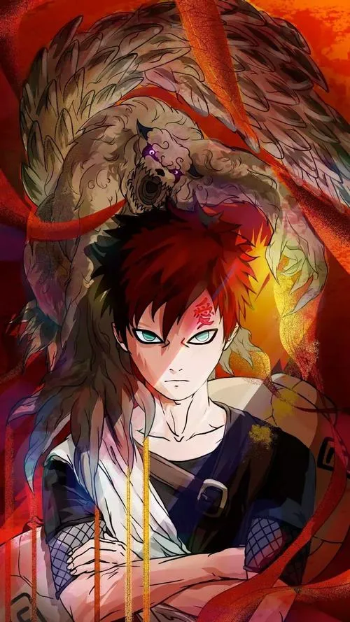Ảnh Gaara phong cách tối giản, nền trơn, điểm nhấn chữ Ái và màu tóc đỏ cháy.
