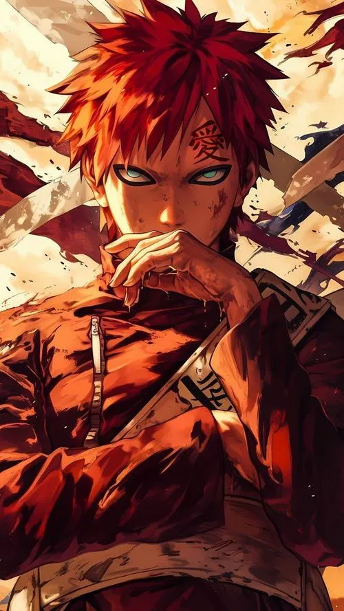 Hình Gaara Kazekage trẻ, dáng đứng chắc, biểu cảm kiềm chế, không phô trương mà áp lực.