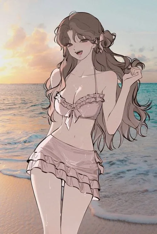 Anime girl quyến rũ khoác bikini hai mảnh bãi biển xanh