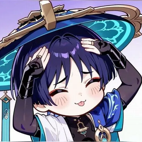 Ảnh Wanderer chibi đội nón rộng, má hồng nhắm mắt, nền xanh, hợp avatar ngầu.