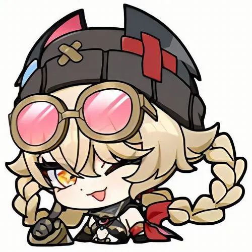 Ảnh Bennett chibi đội mũ gắn kính, tóc bím, cười tươi, nền trắng, nhìn rất ngầu.