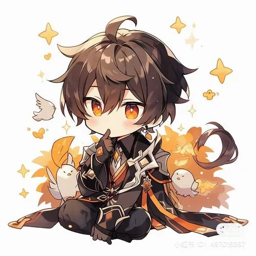 Hình Zhongli chibi ngồi gọn, hiệu ứng sao vàng quanh áo, tông nâu ấm, nhìn sang.