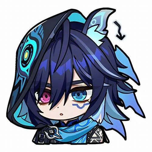 Ảnh Kaeya chibi trùm hood xanh, ánh mắt sắc, nét viền dày, hợp avatar ngầu.