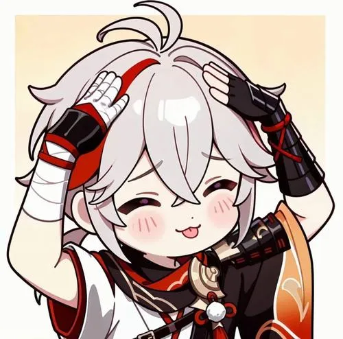 Hình Arataki Itto chibi tóc trắng sừng đỏ, cười lớn, tay giơ cao, nổi bật vui.