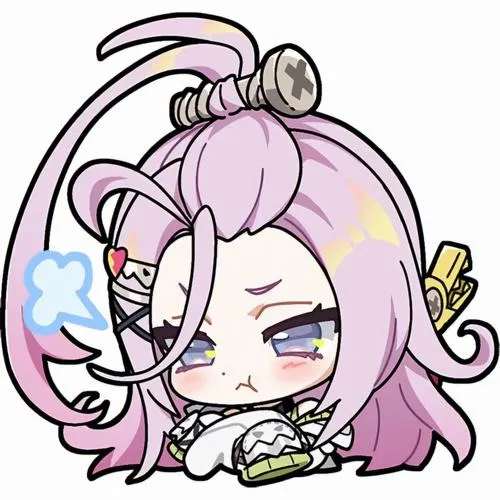 Ảnh Yae Miko chibi tóc hồng tai cáo, mặt hờn nhẹ, nền sáng, vừa đáng yêu.