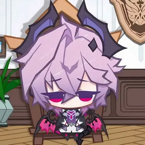 Hình Keqing chibi đeo kính râm, tóc tím rối nhẹ, tạo dáng lầy, hợp avatar.