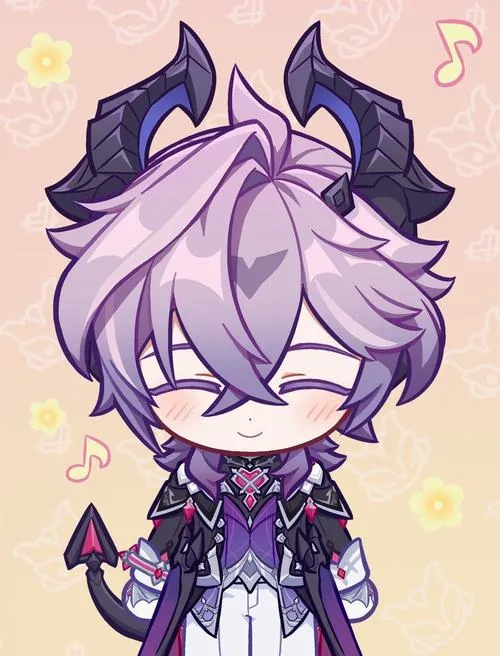 Hình Keqing chibi tóc tím, tạo dáng gọn, mắt khép, tông pastel dịu, nét viền sạch.